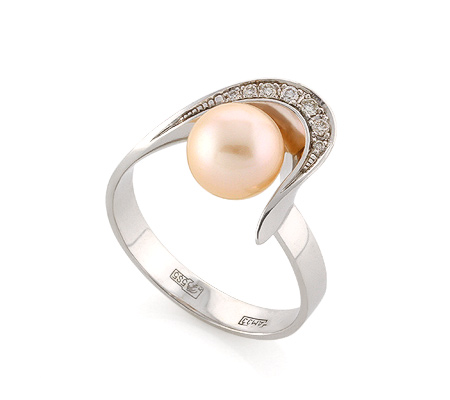 Фото «VL-5368» Кольцо с розовым жемчугом и бриллиантами белое золото